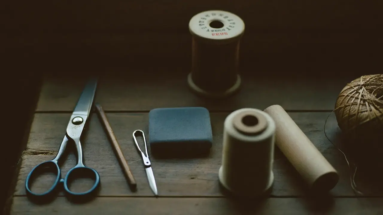 Tailoring shears, chalk and thread on a workbench